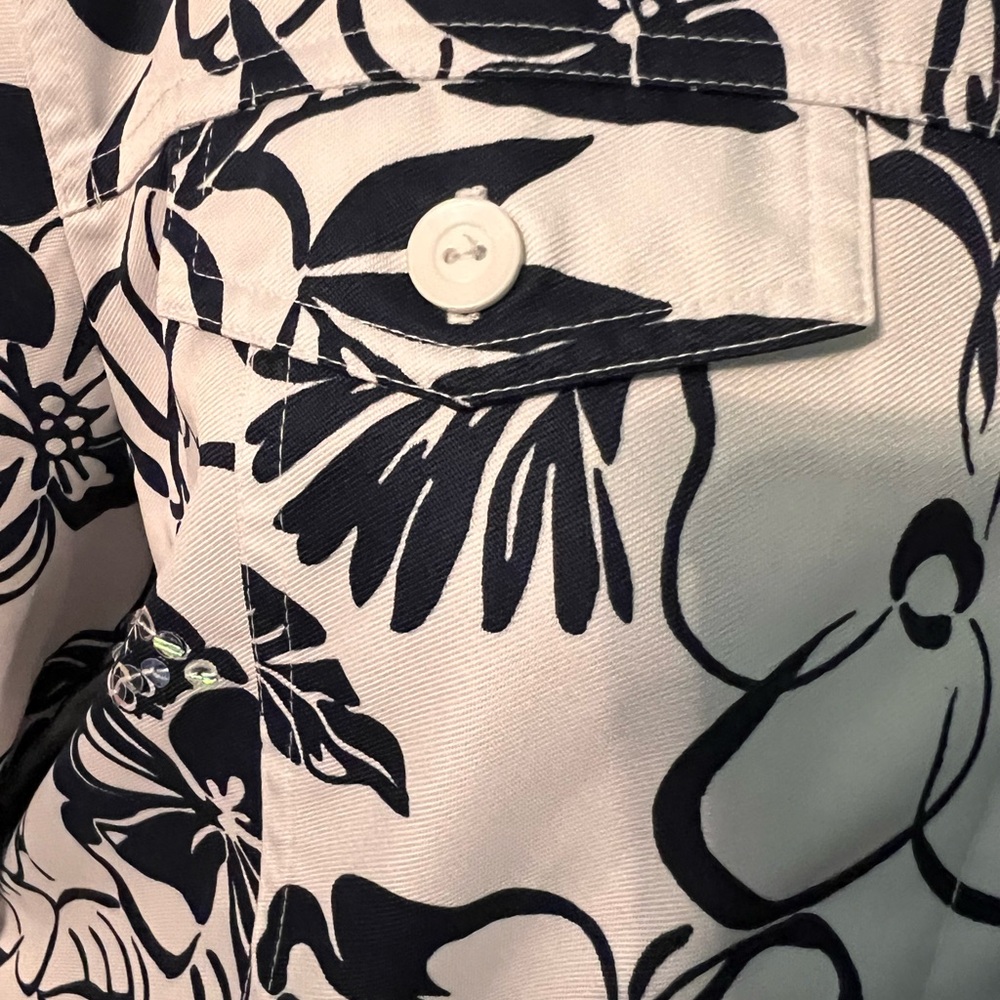 ALFRED DUNNER Sequin Jacket Womens 14 White Navy Blue Floral Shirt Shacket - Picture 7 of 9